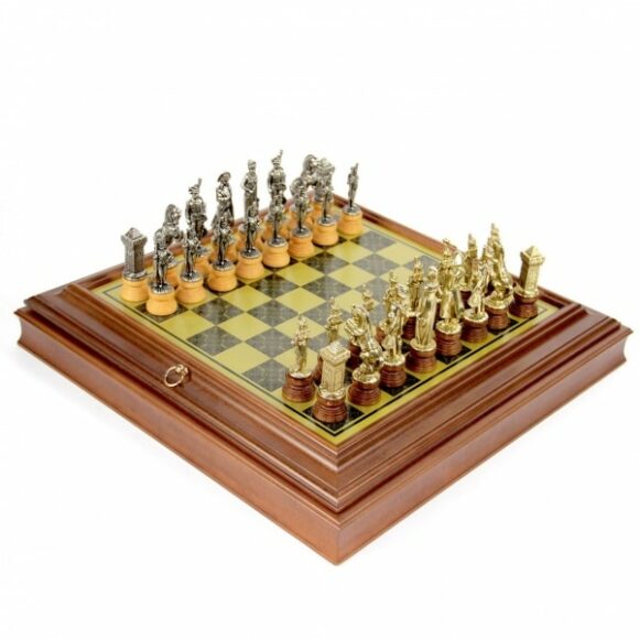 Schachspiel Napoleon - Schachbrett aus Holz mit Messingeffekt mit integrierter Aufbewahrung & Metallteilen