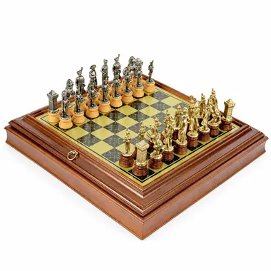 Schachspiel Napoleon - Schachbrett aus Holz mit Messingeffekt mit integrierter Aufbewahrung & Metallteilen