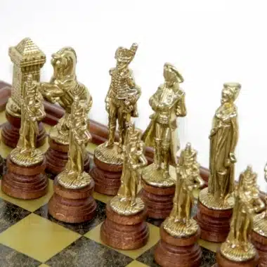 Schachspiel Napoleon - Schachbrett aus Holz mit Messingeffekt mit integrierter Aufbewahrung & Metallteilen