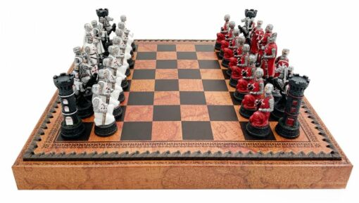 Schachspiel Croisades - Schachbrett - Backgammon und Damespiel aus Kunstleder mit Aufbewahrung & Spielfiguren aus Harz