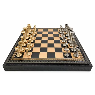 Zeitgenössisches Schachspiel - Schachbrett und Backgammon mit Kunstlederaufbewahrung & Metallteilen