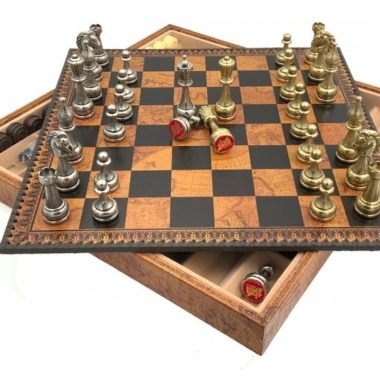 Flowered Chess Set - Schachbrett - Backgammon und Damespiel aus Kunstleder mit Aufbewahrung & Schachfiguren aus Metall