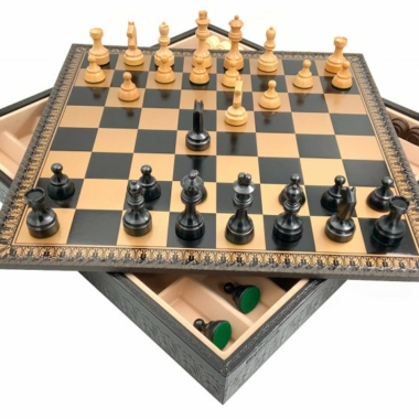 Klassisches Schachspiel - Schachbrett - Backgammon und Damespiel aus Kunstleder mit Aufbewahrung & Holzteilen