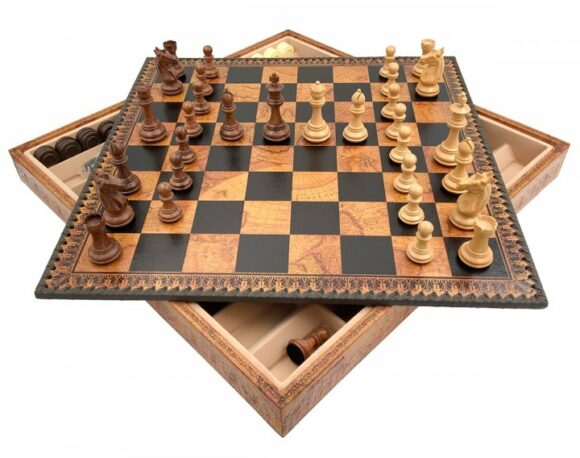 Klassisches Schachspiel - Schachbrett - Backgammon und Damespiel aus Kunstleder mit Aufbewahrung & Schachfiguren aus Holz
