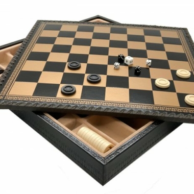 Klassisches Schachspiel - Schachbrett - Backgammon und Damespiel aus Kunstleder mit Aufbewahrung & Holzteilen