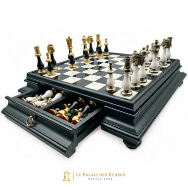 Schachspiel Arabesque - Schachbrett aus Holz und Alabaster der schwarzen Serie mit Schublade & Teilen aus Metall und lackiertem Holz
