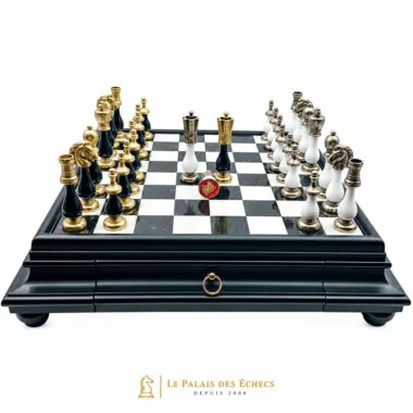 Schachspiel Arabesque - Schachbrett aus Holz und Alabaster der schwarzen Serie mit Schublade & Teilen aus Metall und lackiertem Holz
