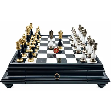 Schachspiel Arabesque - Schachbrett aus Holz und Alabaster der schwarzen Serie mit Schublade & Teilen aus Metall und lackiertem Holz