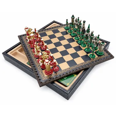 Camelot Schachspiel - Schachbrett aus Kunstleder mit Aufbewahrung & Metallteilen