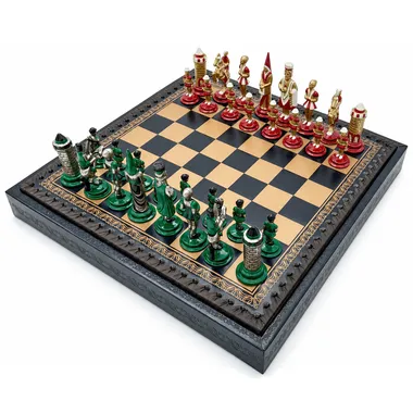Camelot Schachspiel - Schachbrett aus Kunstleder mit Aufbewahrung & Metallteilen