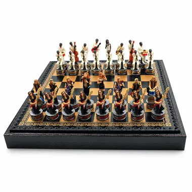 Schachspiel Jazz vs Rock komplett mit Kunstleder-Schachbrett mit Stauraum