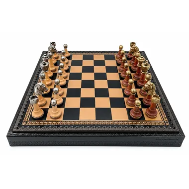 Klassisches Schachspiel - Schachbrett und Backgammon mit Kunstlederaufbewahrung & Holz- und Metallteilen