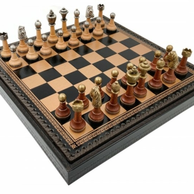 Klassisches Schachspiel - Schachbrett und Backgammon mit Kunstlederaufbewahrung & Holz- und Metallteilen