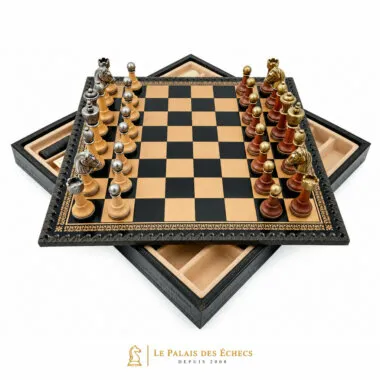 Klassisches Schachspiel - Schachbrett und Backgammon mit Kunstlederaufbewahrung & Holz- und Metallteilen