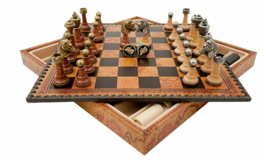Klassisches Schachspiel - Schachbrett - Backgammon und Damespiel aus Kunstleder mit Aufbewahrung & Metall- und Holzteilen