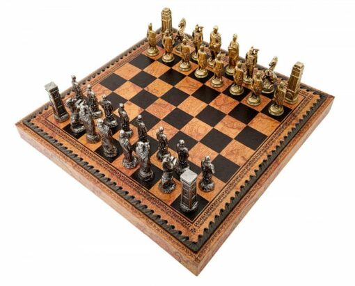 Schachspiel Römer gegen Barbaren - Schachbrett - Backgammon und Damespiel aus Kunstleder mit Aufbewahrung & Metallteilen