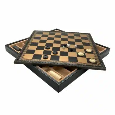 Arabesque Schachspiel - Schachbrett - Backgammon und Damespiel aus Kunstleder & Schachfiguren aus Metall