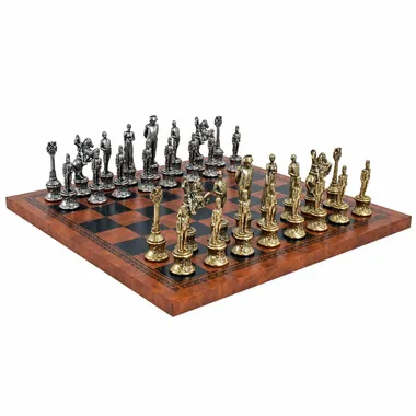 Komplettes Schachspiel Napoleon auf braun-schwarzem Kunstleder-Schachbrett