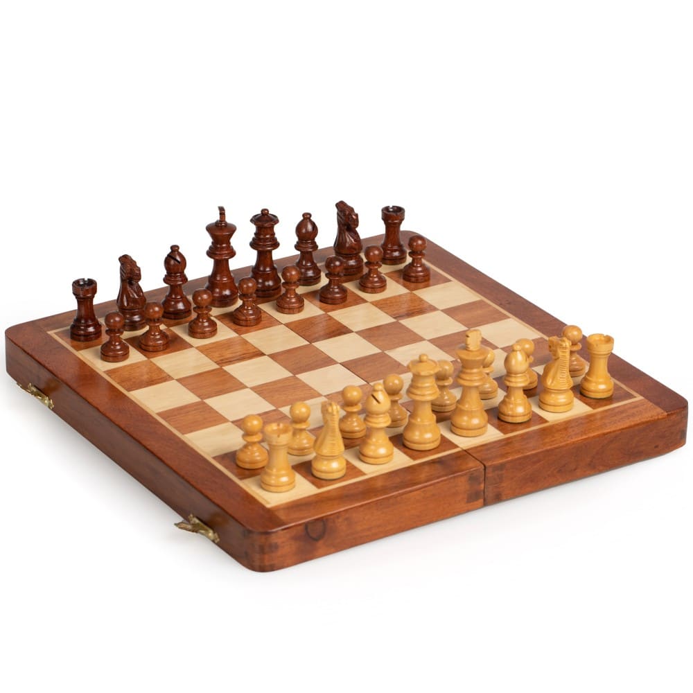Magnetisches Reise-Schach- und Dame-Spiel - Schachbrett aus Holz & Schach- und Damefiguren aus Holz