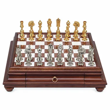 Schachspiel Arabesque - Schachbrett aus Holz und toskanischem Alabaster mit Schublade & goldplattierten Metallteilen