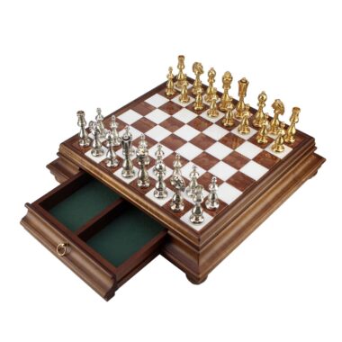 Schachspiel Arabesque - Schachbrett aus Holz und toskanischem Alabaster mit Schublade & goldplattierten Metallteilen