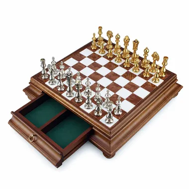 Schachspiel Arabesque - Schachbrett aus Holz und toskanischem Alabaster mit Schublade & goldplattierten Metallteilen