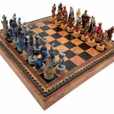 Schachspiel Roi Arthur - Schachbrett - Backgammon und Damespiel aus Kunstleder mit Aufbewahrung & Figuren aus Kunstharz