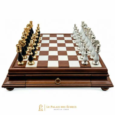 Großes orientalisches Schachspiel Schwarz und Weiß - Schachbrett aus Holz und toskanischem Alabaster mit Schublade & Figuren aus Holz und massivem Messing