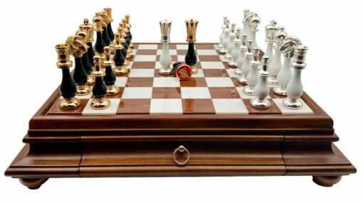 Großes orientalisches Schachspiel Schwarz und Weiß - Schachbrett aus Holz und toskanischem Alabaster mit Schublade & Figuren aus Holz und massivem Messing