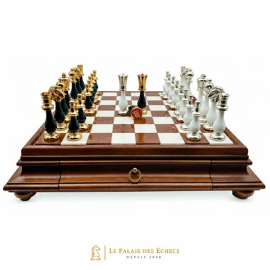 Großes orientalisches Schachspiel Schwarz und Weiß - Schachbrett aus Holz und toskanischem Alabaster mit Schublade & Figuren aus Holz und massivem Messing