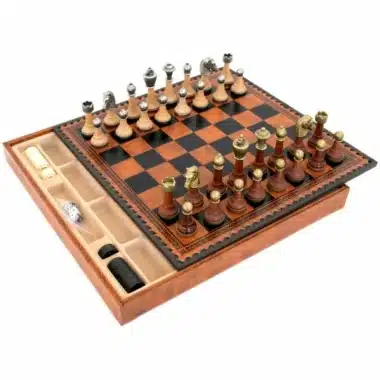 Klassisches Schachspiel - Schachbrett - Backgammon und Damespiel aus Kunstleder mit Aufbewahrung & Holz- und Metallteilen