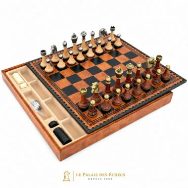 Klassisches Schachspiel - Schachbrett - Backgammon und Damespiel aus Kunstleder mit Aufbewahrung & Holz- und Metallteilen