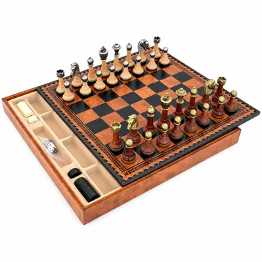 Klassisches Schachspiel - Schachbrett - Backgammon und Damespiel aus Kunstleder mit Aufbewahrung & Holz- und Metallteilen