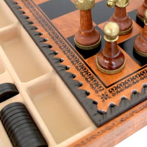 Klassisches Schachspiel - Schachbrett - Backgammon und Damespiel aus Kunstleder mit Aufbewahrung & Holz- und Metallteilen