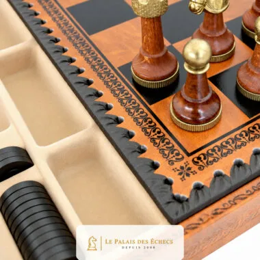 Klassisches Schachspiel - Schachbrett - Backgammon und Damespiel aus Kunstleder mit Aufbewahrung & Holz- und Metallteilen