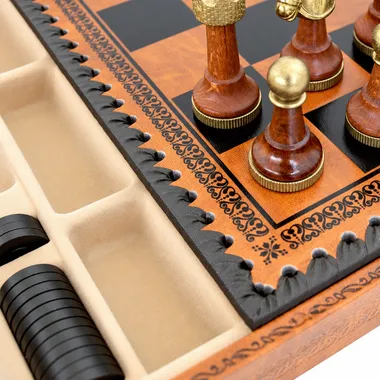 Klassisches Schachspiel - Schachbrett - Backgammon und Damespiel aus Kunstleder mit Aufbewahrung & Holz- und Metallteilen