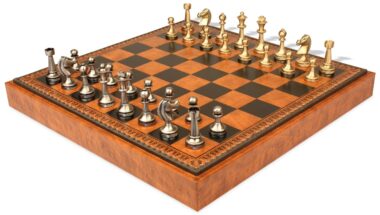 Großes Staunton-Schachspiel - Schachbrett - Backgammon und Damespiel aus Kunstleder & massiven Messingteilen