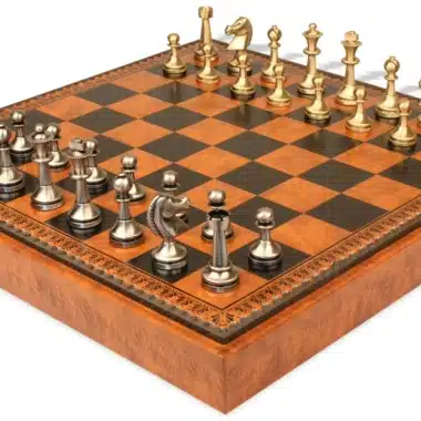 Großes Staunton-Schachspiel - Schachbrett - Backgammon und Damespiel aus Kunstleder & massiven Messingteilen