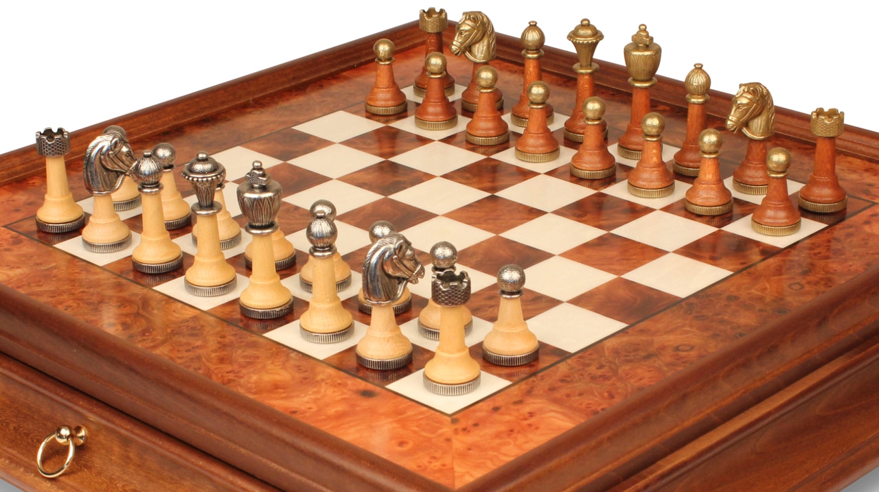 Klassisches Schachspiel - Schachbrett aus Erlenholz und Wurzelholz mit Schublade & Figuren aus Metall und Holz – Bild 4