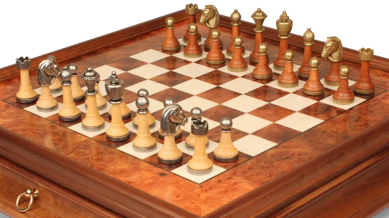 Klassisches Schachspiel - Schachbrett aus Erlenholz und Wurzelholz mit Schublade & Figuren aus Metall und Holz – Bild 4