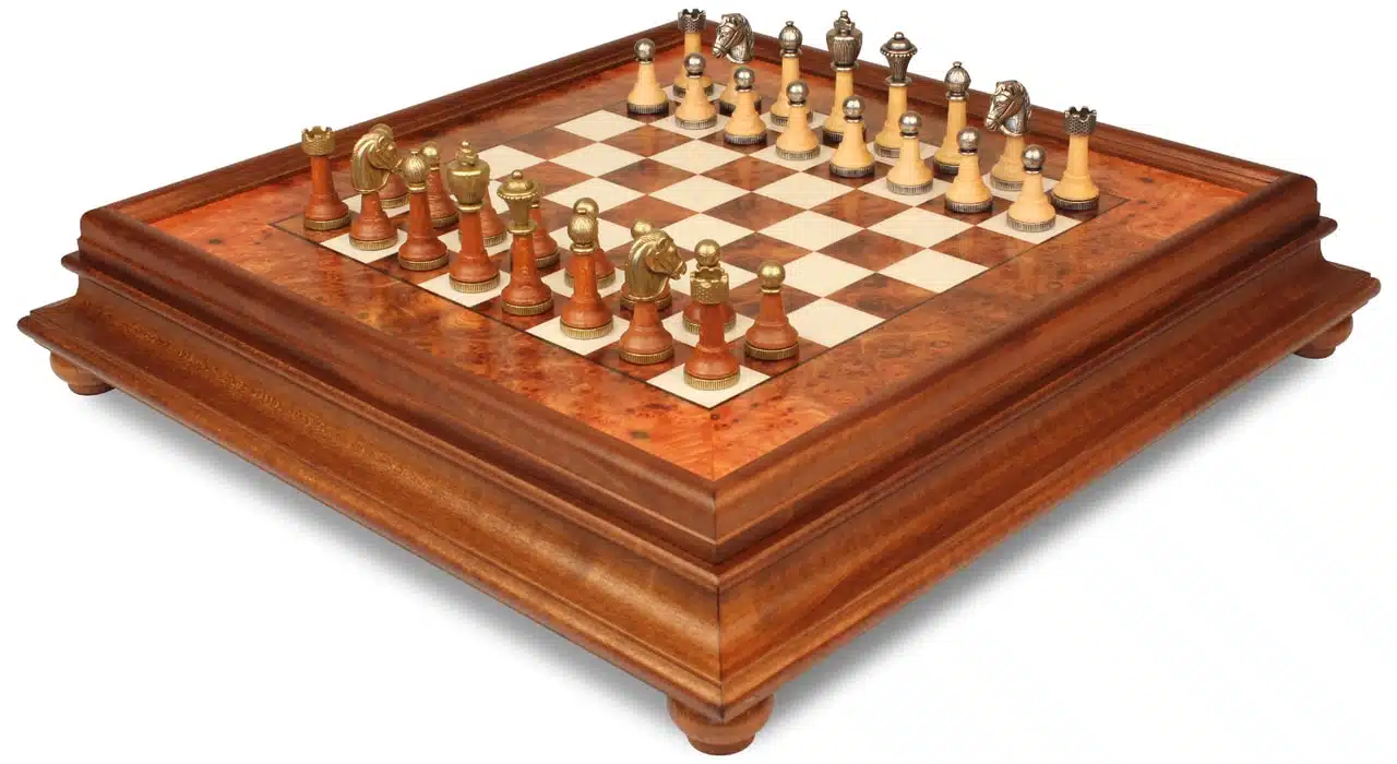 Klassisches Schachspiel - Schachbrett aus Erlenholz und Wurzelholz mit Schublade & Figuren aus Metall und Holz – Bild 6