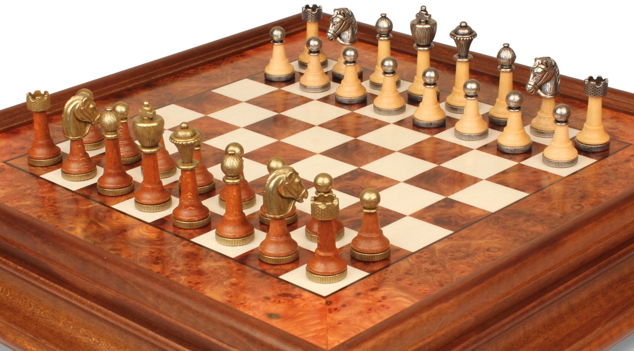 Klassisches Schachspiel - Schachbrett aus Erlenholz und Wurzelholz mit Schublade & Figuren aus Metall und Holz – Bild 7