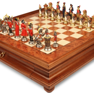 Schachspiel Napoleon - Schachbrett aus Erlenholz und Heideholz mit Schublade & Figuren aus Metall