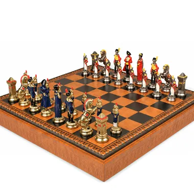 Napoleon-Schachspiel - Schachbrett - Backgammon und Damespiel aus Kunstleder & Metallteilen