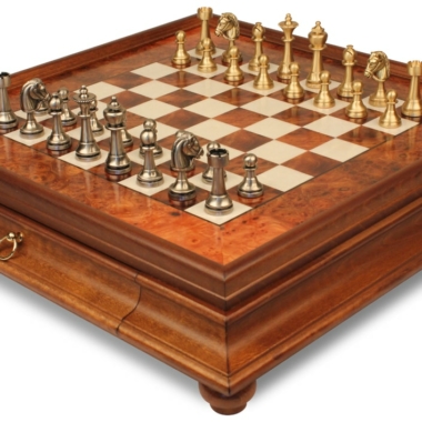 Staunton Schachspiel - Schachbrett aus Wurzelholz und Ulmenholz mit Schublade & Massivmessingfiguren