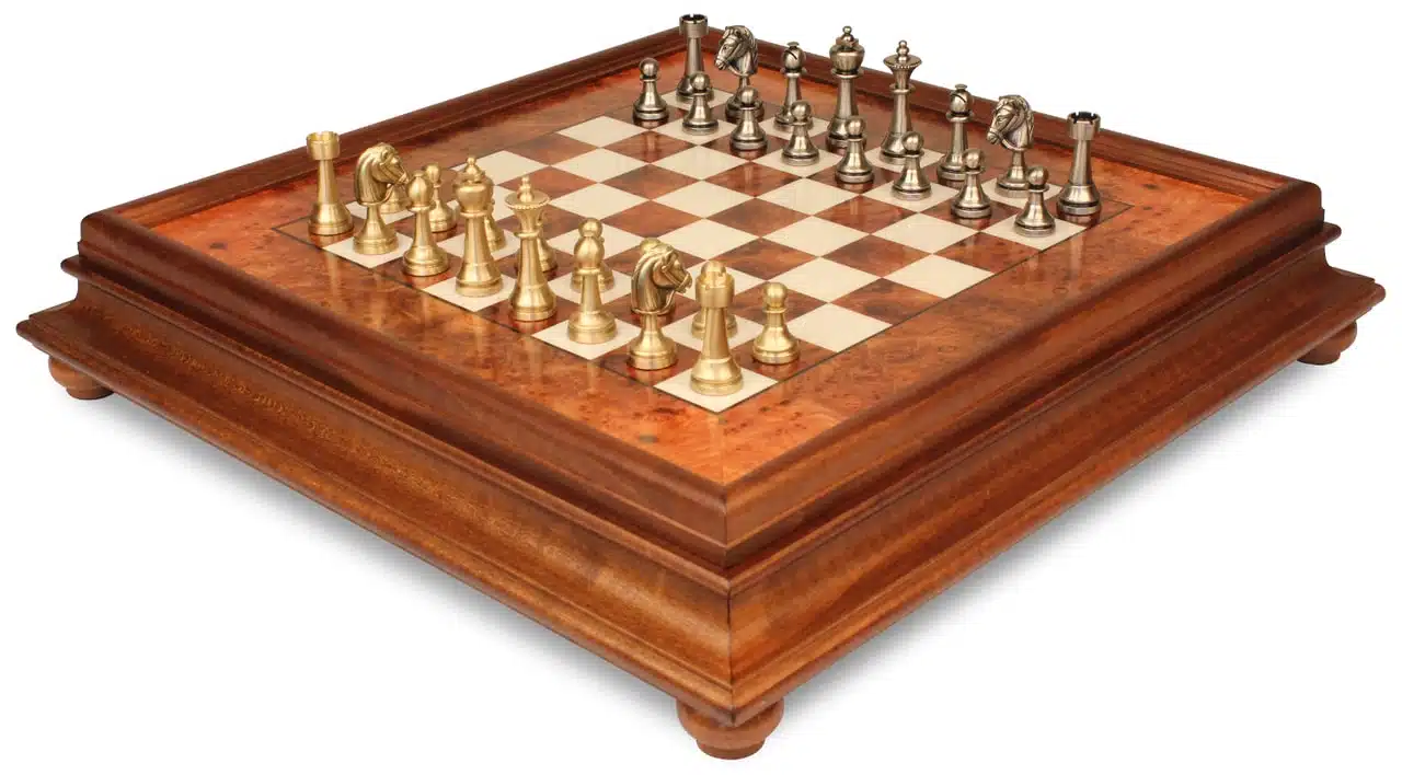 Staunton Schachspiel - Schachbrett aus Wurzelholz und Ulmenholz mit Schublade & Massivmessingfiguren – Bild 5
