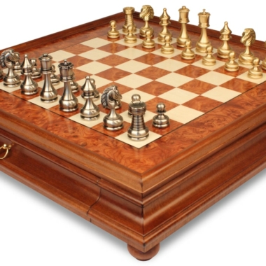 Schachspiel Großes Persisches Set - Schachbrett aus Wurzelholz und Ulmenholz mit Schublade & Figuren aus massivem Messing