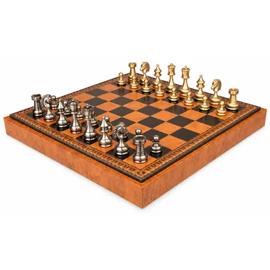Schachspiel Großes persisches Set - Schachbrett - Backgammon und Damespiel aus Kunstleder & massiven Messingteilen