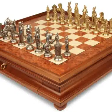 Schachspiel Napoleon - Schachbrett aus Heideholz und Ulmenholz mit Schublade & Metallfiguren