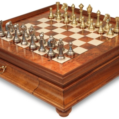 Staunton Schachspiel - Schachbrett aus Wurzelholz und Ulmenholz mit Schublade & Metallfiguren